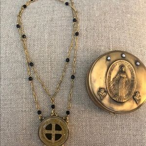 Virgin saints and angels necklace and tin. Excellent condition